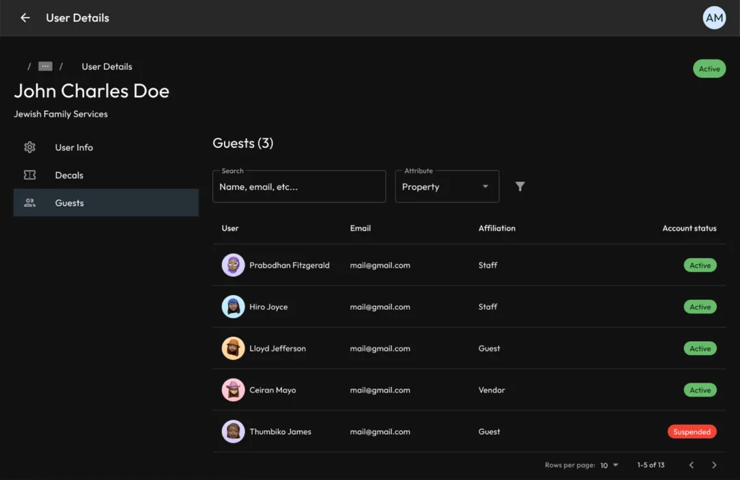 The Secure Decal admin panel in dark mode: a user with their decals and guests, each with an account status.