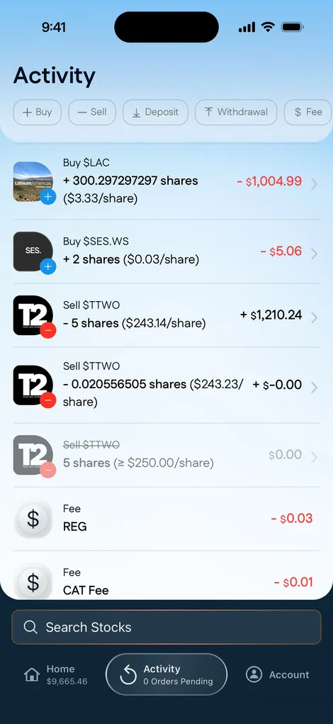 The activity feed in the Arqam app: buys and sells with fractional shares, and regulatory fees.
