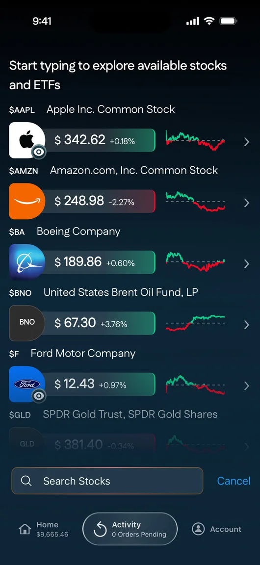 Search in the Arqam app: Apple, Amazon, Boeing, an oil fund and Ford, each with its price and the day's chart.