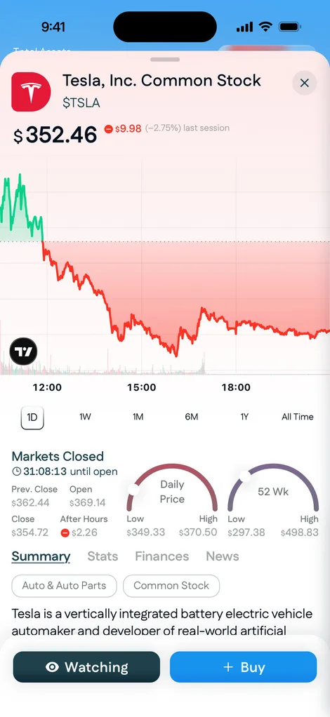 Tesla's page in the Arqam app: the price, the day's chart and its daily and 52-week ranges.