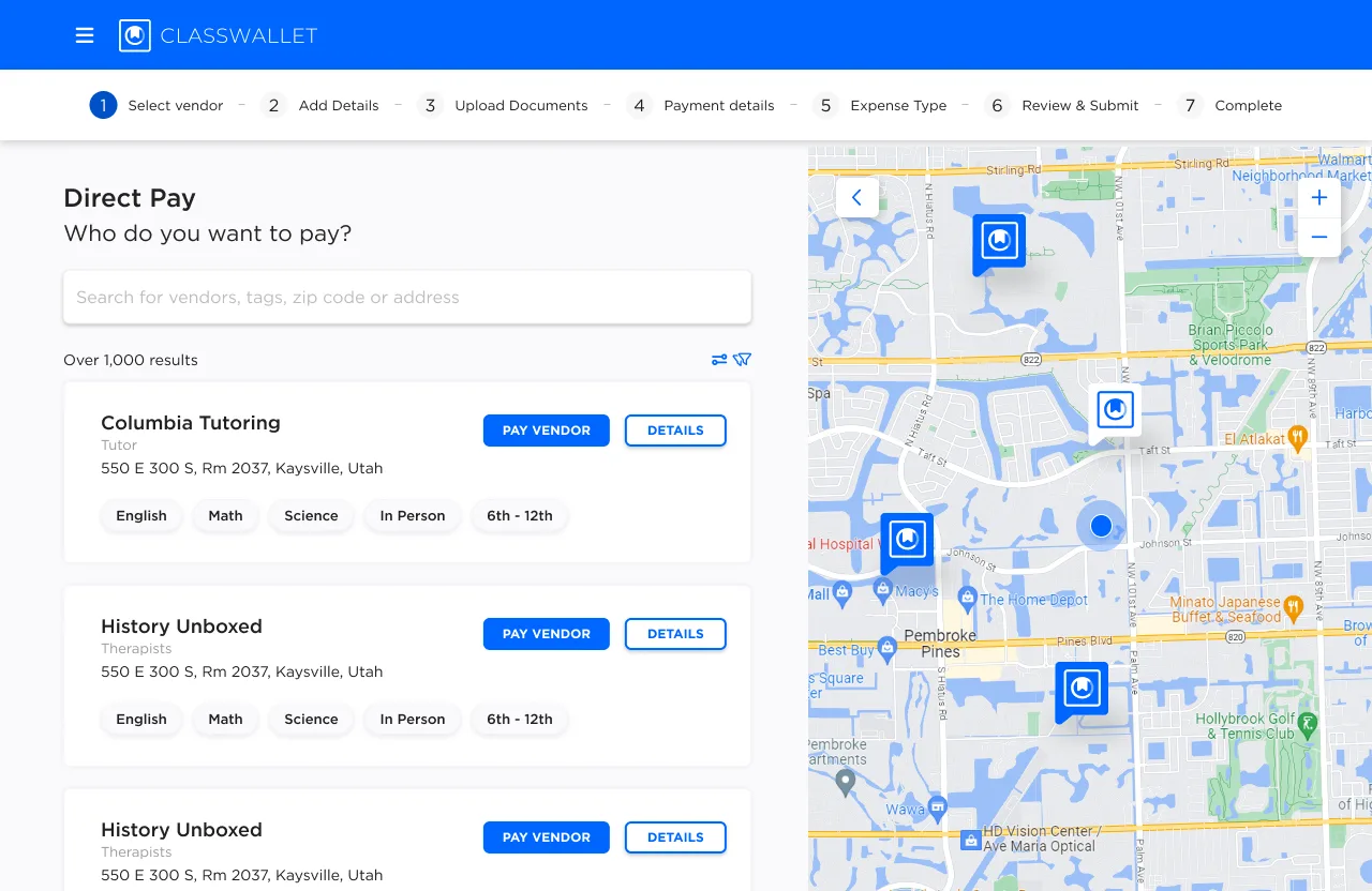 ClassWallet DirectPay: searching for a vendor to pay, with vendors on a map.