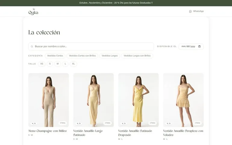 The quka.uy catalog: dresses in AI-generated photos, with filters by date, category and size