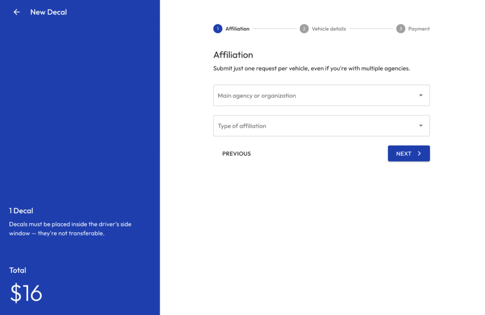 Requesting a new decal in Secure Decal: affiliation, vehicle details and payment.