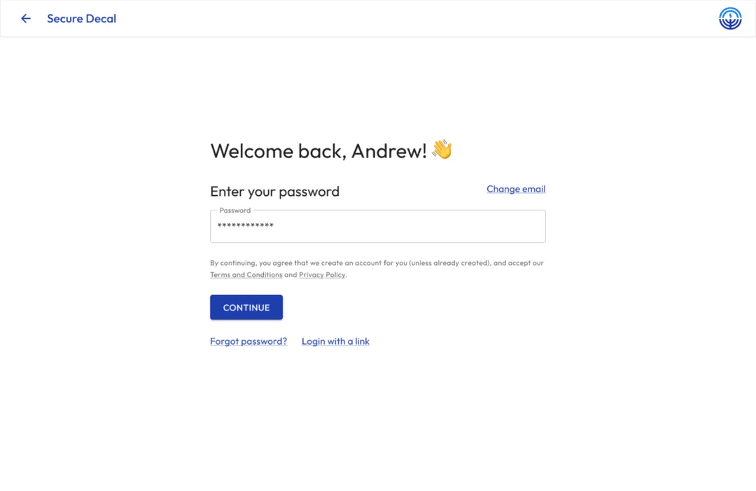 The Secure Decal sign-in screen: "Welcome back", password, and an option to log in with a link.